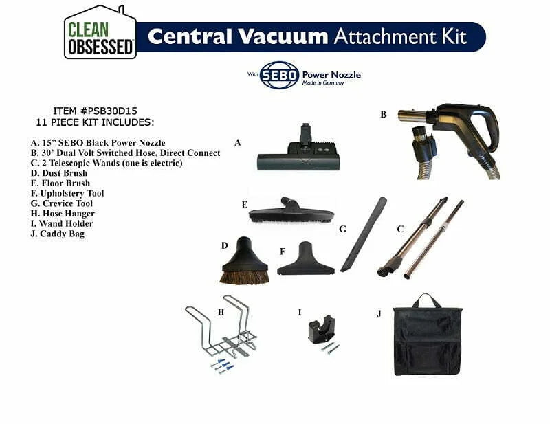 Clean Obsessed Central Vacuum Attachment Kit 30′ Direct Connection Hose with 15″ Power Nozzle (Black) #PSB30D15