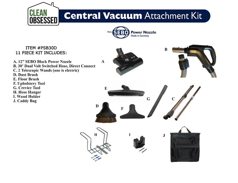 Clean Obsessed Central Vacuum Attachment Kit 30′ Direct Connection Hose with 12″ Power Nozzle (Black) #PSB30D