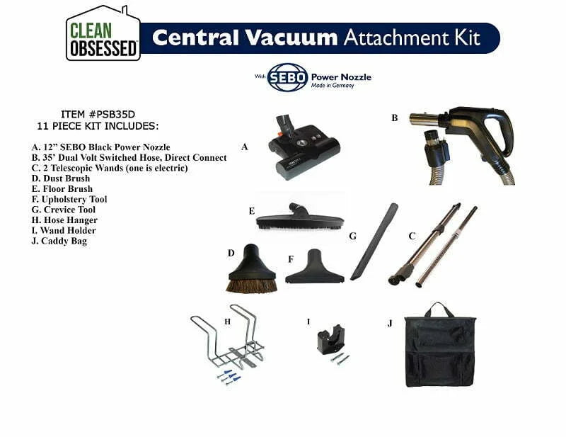 Clean Obsessed Central Vacuum Attachment Kit 35′ Direct Connect Hose with 12″ Power Nozzle #PSB35D