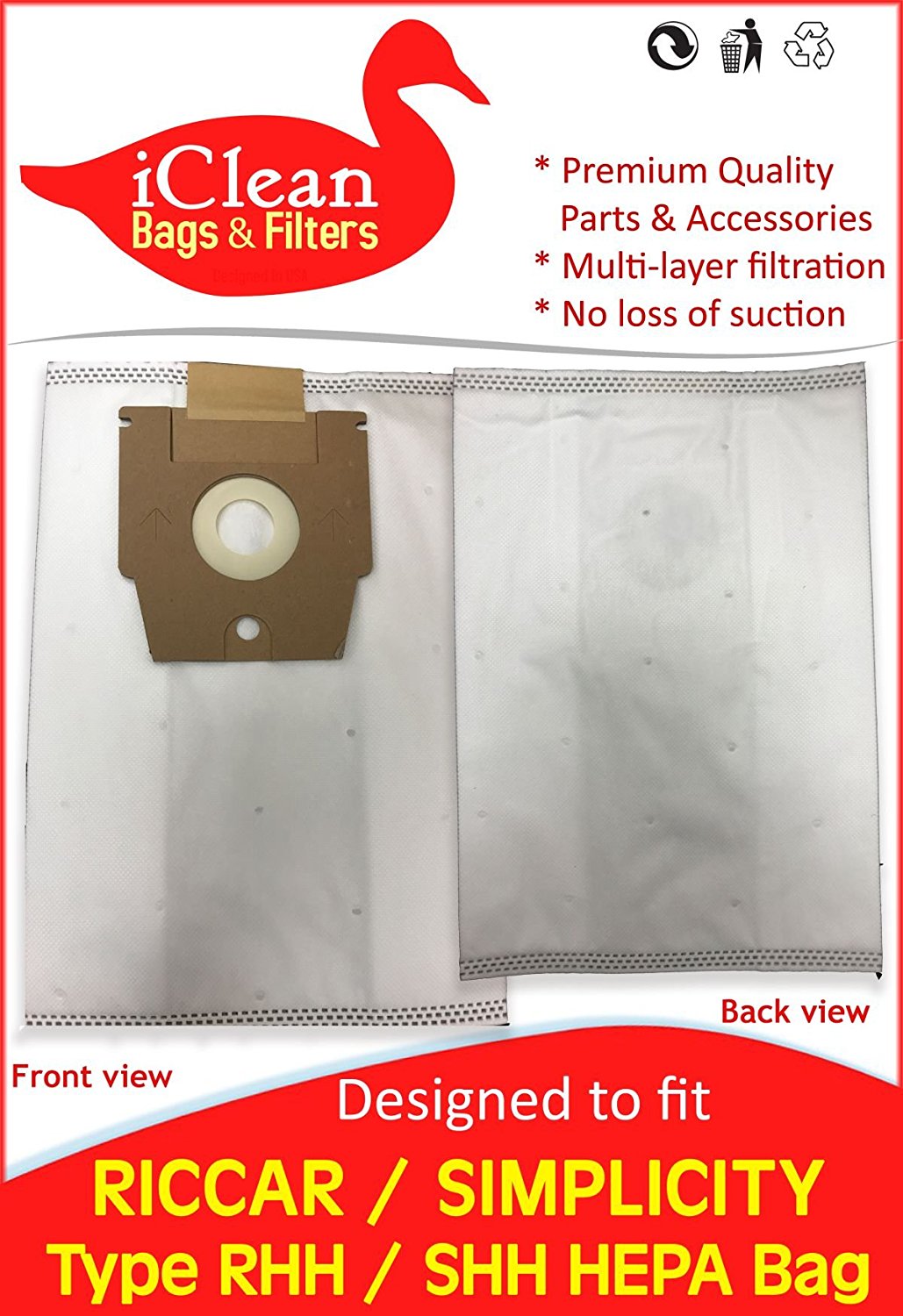 Riccar - Simplicity Upright Vacuum Cleaner HEPA Bag Type RHH-6 and SHH-6 by iClean Vacuums