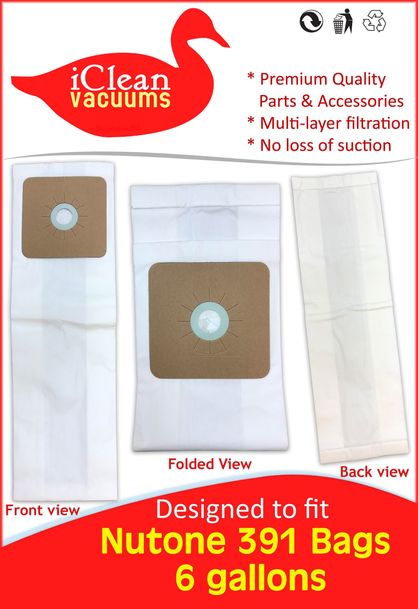 Nutone Central Vacuum Cleaner Bags CV391 Bags By iClean Vacuums