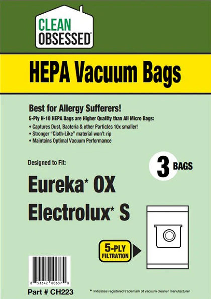 Clean Obsessed Eureka OX / Electrolux S-Bag HEPA Vacuum Bags – 3 Pack Part #CH223