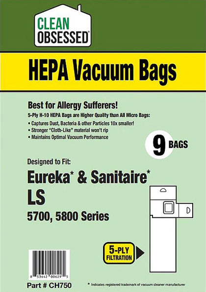 Clean Obsessed Eureka/Sanitaire Type LS HEPA Vacuum Bags 9/PK Part #CH750