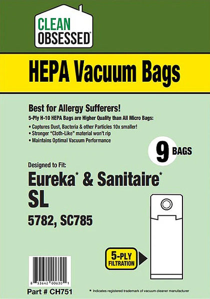 Clean Obsessed Eureka/Sanitaire Type SL HEPA Vacuum Bags 9/pk Part# CH751