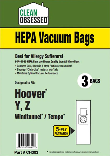 Clean Obsessed Hoover Type Y HEPA Vacuum Bags – 3 Pack Part #CH303