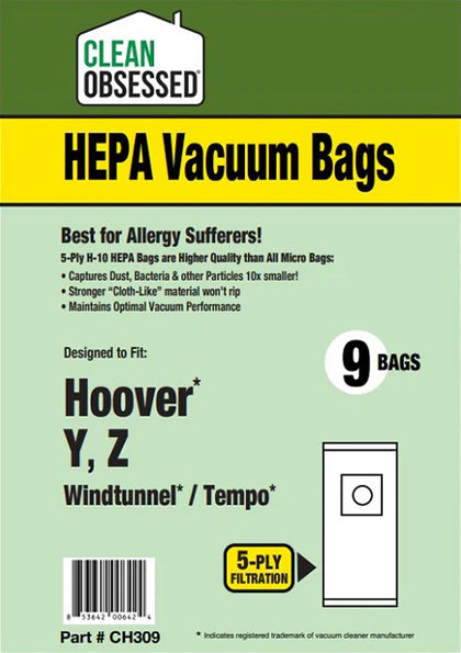 Clean Obsessed Hoover Type Y HEPA Vacuum Bags – 9 Pack Part #CH309