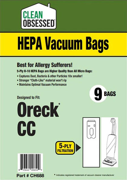 Clean Obsessed Oreck Uprights XL REG & CC HEPA Vacuum Bags 9/PK Part #CH688