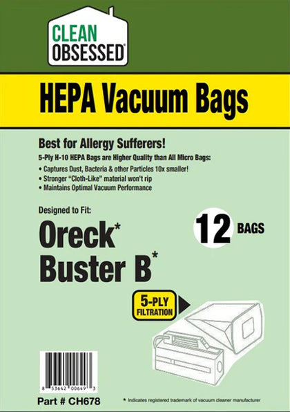 Clean Obsessed Oreck Buster B HEPA 12 Pack Part# CH678