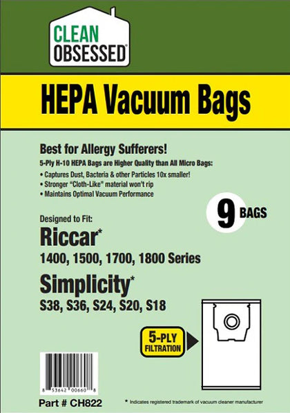 Clean Obsessed Riccar/Simplicity Type H Riccar Canisters 1500, 1700, 1800 Simplicity S18, S20, S24, S36, S38 HEPA 9/pk Part# CH822