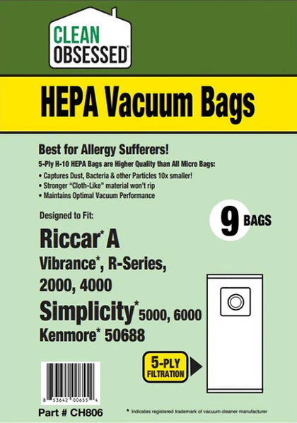 Clean Obsessed Riccar/Simplicity Type A Riccar 2000/4000 SIMP 5000/6000 (Fits Kenmore 50688, Panasonic U) HEPA 9pk Part# CH806 Vacuum Bags