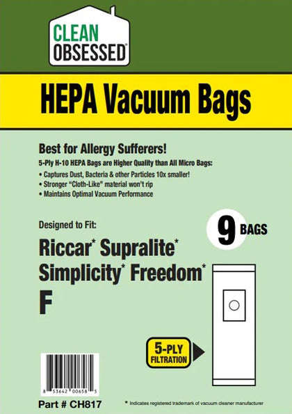 Clean Obsessed Riccar/Simplicity Type F Riccar Supralite, Simplicity F HEPA 9/pk Part# CH817
