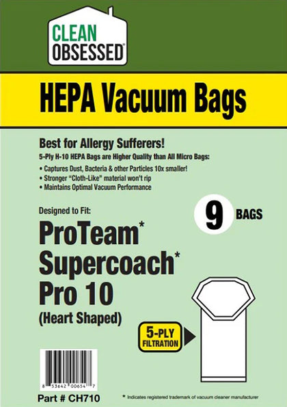 Clean Obsessed Proteam Supercoach Pro 10QT (Heart Shaped) HEPA 9/Pk Part# CH710 Vacuum Bags