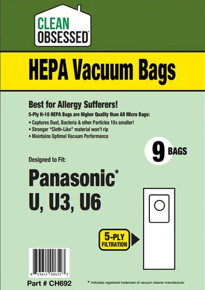 Clean Obsessed Panasonic Type U, U3, U6 HEPA Vacuum Bags 9/PK Part #CH692