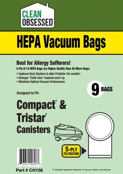 Clean Obsessed Compact & Tristar HEPA Vacuum Bags – 9 Pack Part #CH158