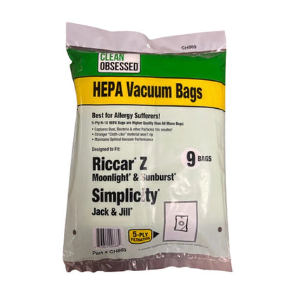 Clean Obsessed Riccar/Simplicity Type Z HEPA 9-Pack Vacuum Bags – Fits Riccar Moonlight/Sunburst & Simplicity Jack & Jill – Part #CH869