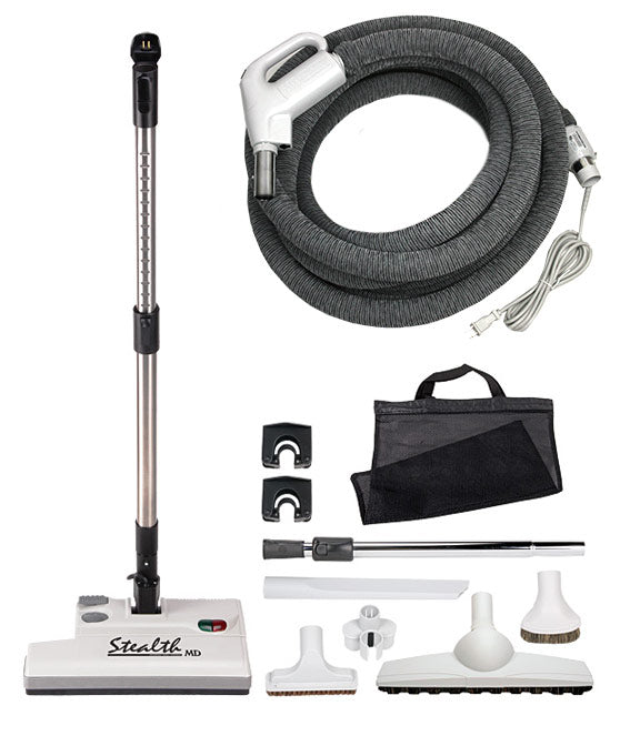 MD Central Stealth Central Vacuum Attachment Kit 30' Pigtail Hose with 12" Power Nozzle and Hose Cover (Pre-Installed) – Part #425GU30
