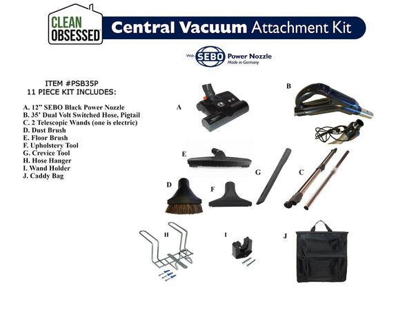 Clean Obsessed 35' Black 12" Power Nozzle Pigtail Central Vacuum Attachment Kit with Sebo ET-1 Nozzle – Part# PSB35P