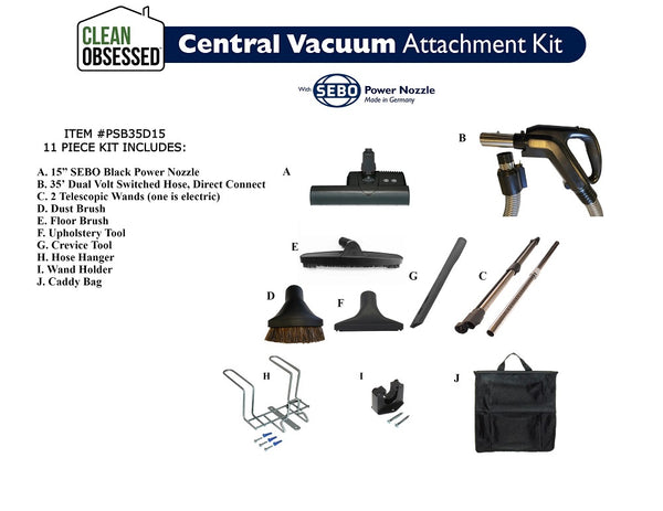 Clean Obsessed 35' Black 15" Power Nozzle Direct Connect Central Vacuum Attachment Kit with Sebo ET-1 Nozzle – Part# PSB35D15