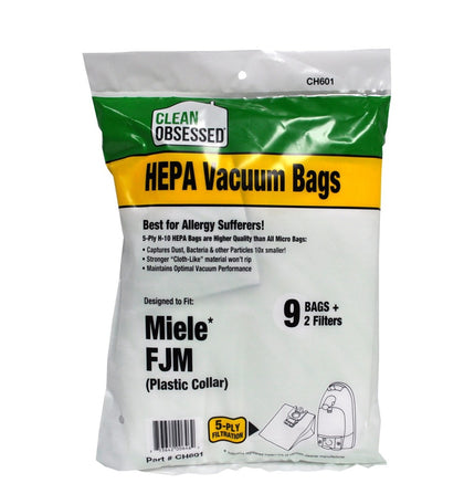 Clean Obsessed Miele Type FJM HEPA Vacuum Bags 9 Pack + 2 Filters, Plastic Collar Part #CH601