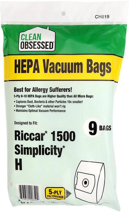 Clean Obsessed Riccar/Simplicity Type H Riccar 1500, SIMP H HEPA 9/pk Replaces Taconey Type H Paper Bag Part# CH819