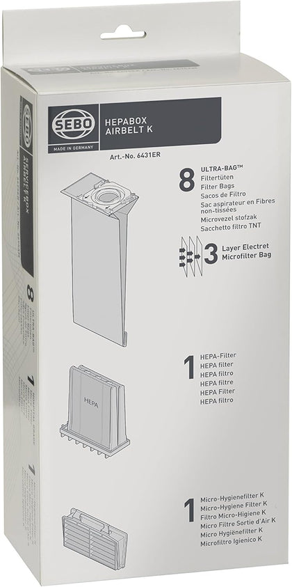 Sebo HEPA Service Box K (6-Piece Carton) – 8 Bags, HEPA Microfilter & Exhaust Filter – 6431A1
