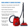 Sebo AirBelt K3 Premium Canister Vacuum (Red) #90687AM – canister and power head with feature-summary graphic