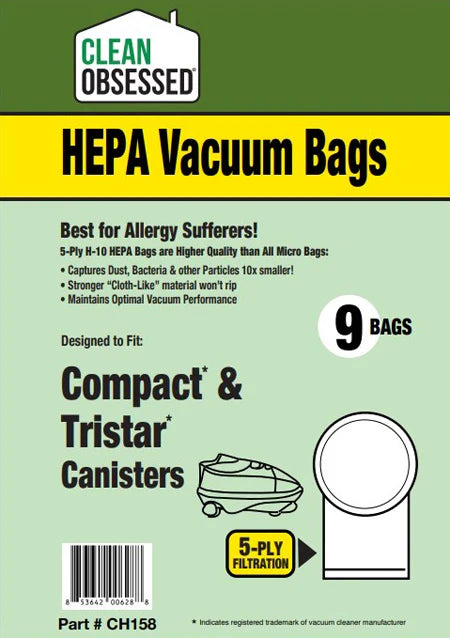 Clean Obsessed Compact & Tristar HEPA Vacuum Bags – 9 Pack Part #CH158