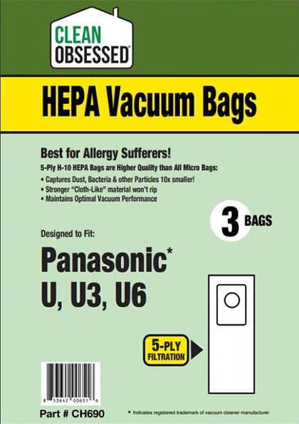 Clean Obsessed Panasonic Type U, U3, U6 HEPA Vacuum Bags 3/PK Part #CH690 available at Ace Vacuums