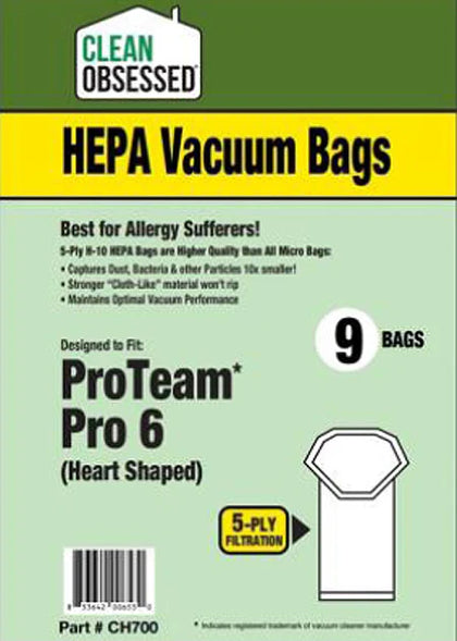 Clean Obsessed ProTeam Pro 6 (Heart Shaped) HEPA Vacuum Bags 9/PK Part #CH700 available at Ace Vacuums