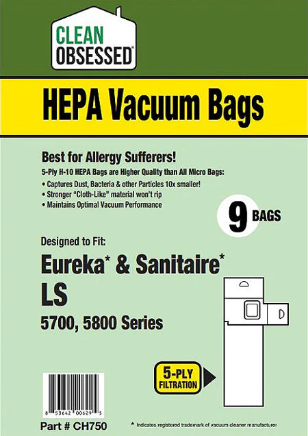 Clean Obsessed Eureka/Sanitaire Type LS HEPA Vacuum Bags 9/PK Part #CH750