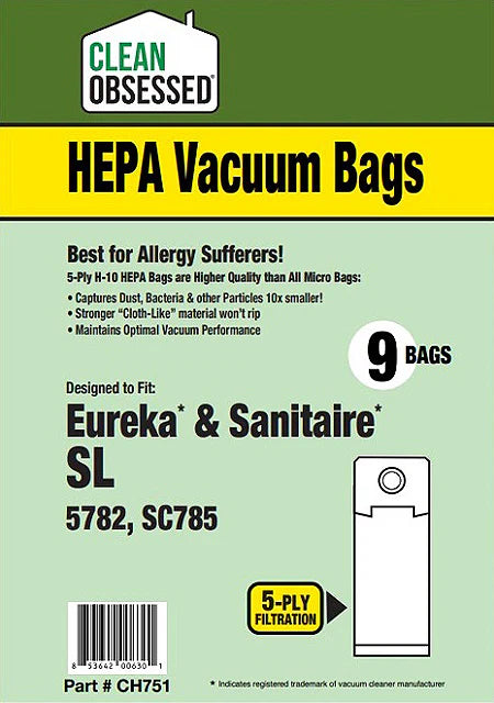 Clean Obsessed Eureka/Sanitaire Type SL HEPA Vacuum Bags 9/pk Part# CH751