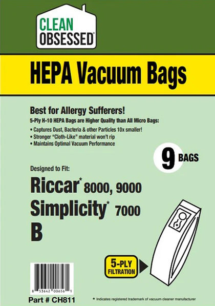 Clean Obsessed Riccar/Simplicity Type B HEPA 9/PK Vacuum Bags – Riccar 8000/8900 & Simplicity B Part #CH811 available at Ace Vacuums