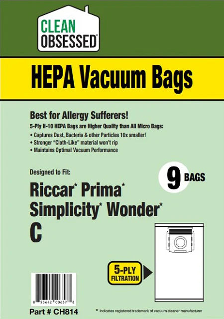 Clean Obsessed Riccar/Simplicity Type C HEPA Vacuum Bags – 9-Pack – Part #CH814