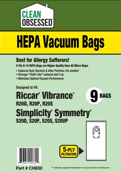 Clean Obsessed Riccar/Simplicity Type R20S HEPA Vacuum Bags 9/PK – Riccar Vibrance & Simplicity Symmetry S20D/P/S/UP Part #CH830 available at Ace Vacuums