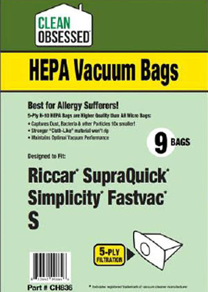Clean Obsessed Riccar/Simplicity Type S HEPA Vacuum Bags 9/Pack – Riccar Supralite & Simplicity S/Fastvac Part #CH836 available at Ace Vacuums