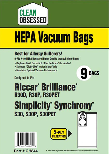 Clean Obsessed Riccar/Simplicity Type R30 HEPA Vacuum Bags 9/PK – Riccar Brilliance R30 & Simplicity Synchrony S30 D/P/ET Part #CH844 available at Ace Vacuums