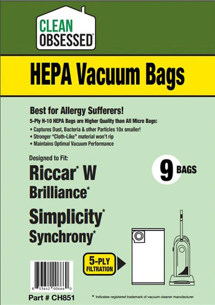 Clean Obsessed Riccar/Simplicity Type W HEPA Vacuum Bags 9/PK – Riccar Brilliance & Simplicity Synchrony Part #CH851 available at Ace Vacuums