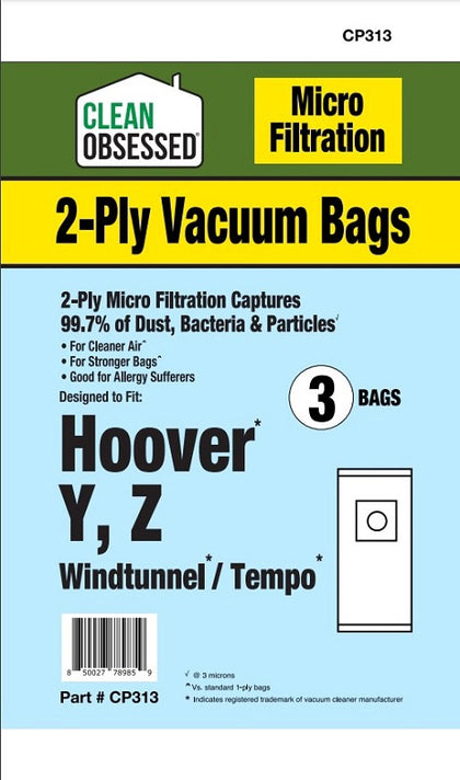 Clean Obsessed Hoover Type Y Micro Paper Bags 3/PK Part #CP313 available at Ace Vacuums