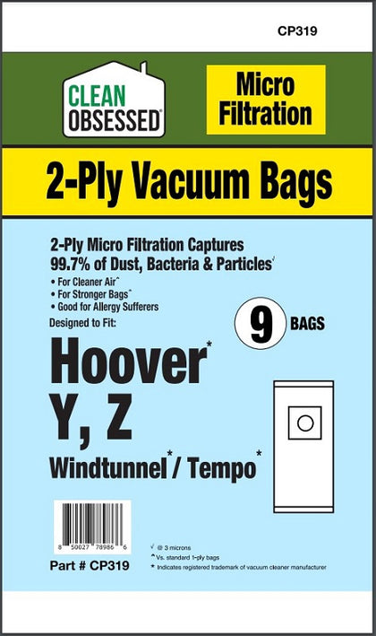 Clean Obsessed Hoover Type Y Micro Paper Bags 9/PK Part #CP319 available at Ace Vacuums