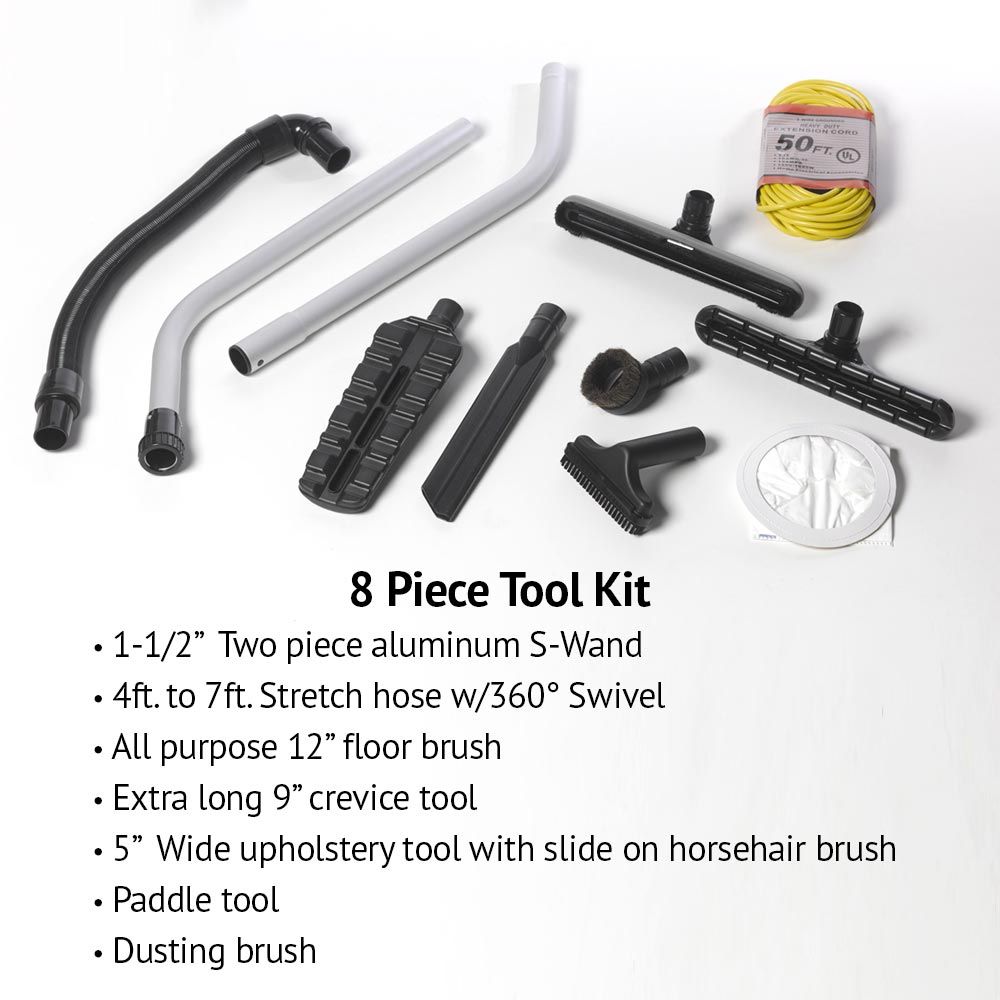 Clean Obsessed Backpack Vacuum Cleaner 6 Quart – CO6-24 – eight-piece tool-kit contents graphic