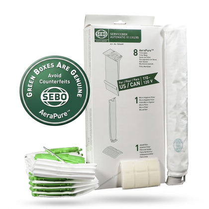 Sebo Service Box X4/X5, X1/X2 (22-Piece Carton) – 8 Bags, Microfilter, Exhaust Filter & Sealing Strip #5828A5