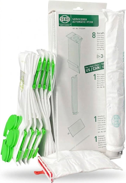 Sebo Service Box X7/X8 (6-Piece Carton) – 8 Bags, Microfilter, Exhaust Filter & Sealing Strip #51828A1