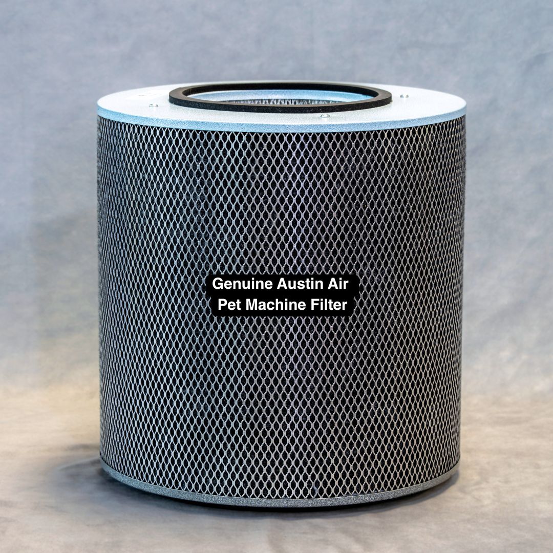Austin Air Pet Machine HM410 Air Purifier, Midnight Blue B410E1 front angled detail of compatible Pet Machine filter; extra spare not included