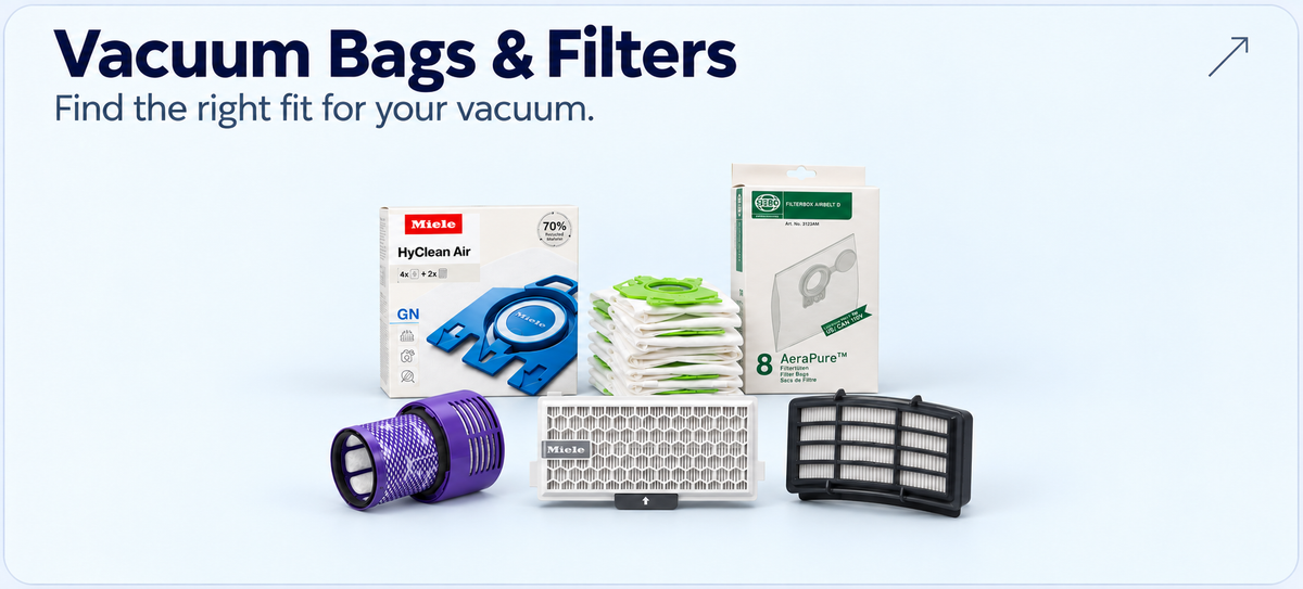 Vacuum Bags & Filters — Miele and SEBO vacuum bags with cylindrical and pleated replacement filters. Find the right fit.