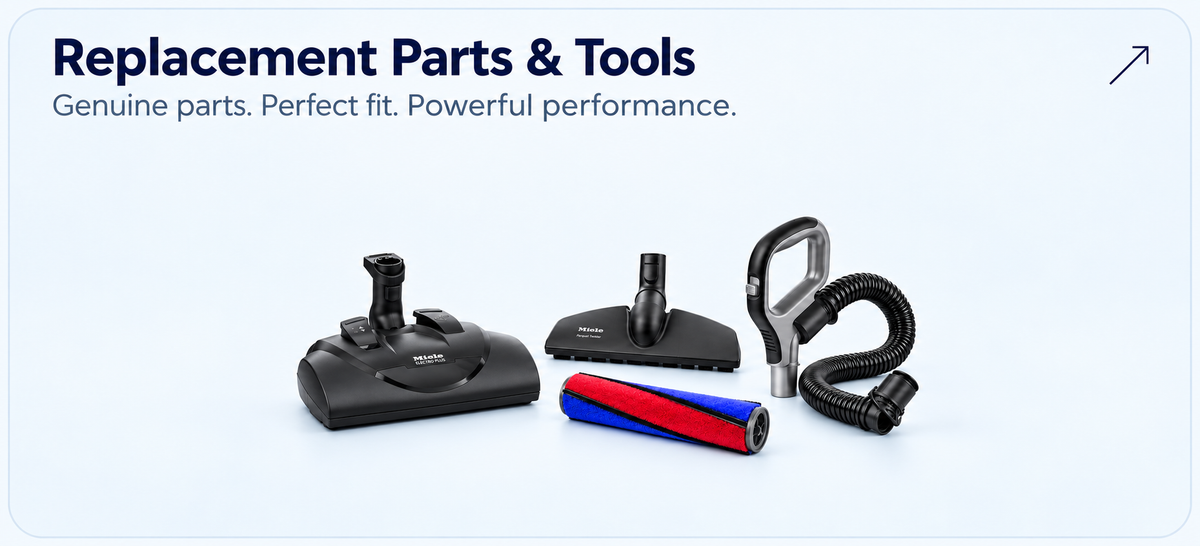 Replacement Parts & Tools — Miele floorheads, a vacuum hose and brush roller for vacuum maintenance and repair.