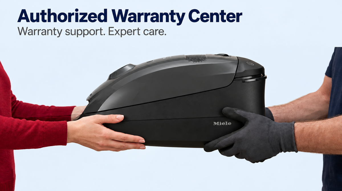 Authorized vacuum warranty service with a customer handing a Miele canister vacuum to a technician at AceVacuums
