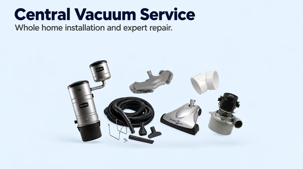 Central vacuum installation and repair with a BEAM power unit, hose, floor tools and replacement motor at AceVacuums