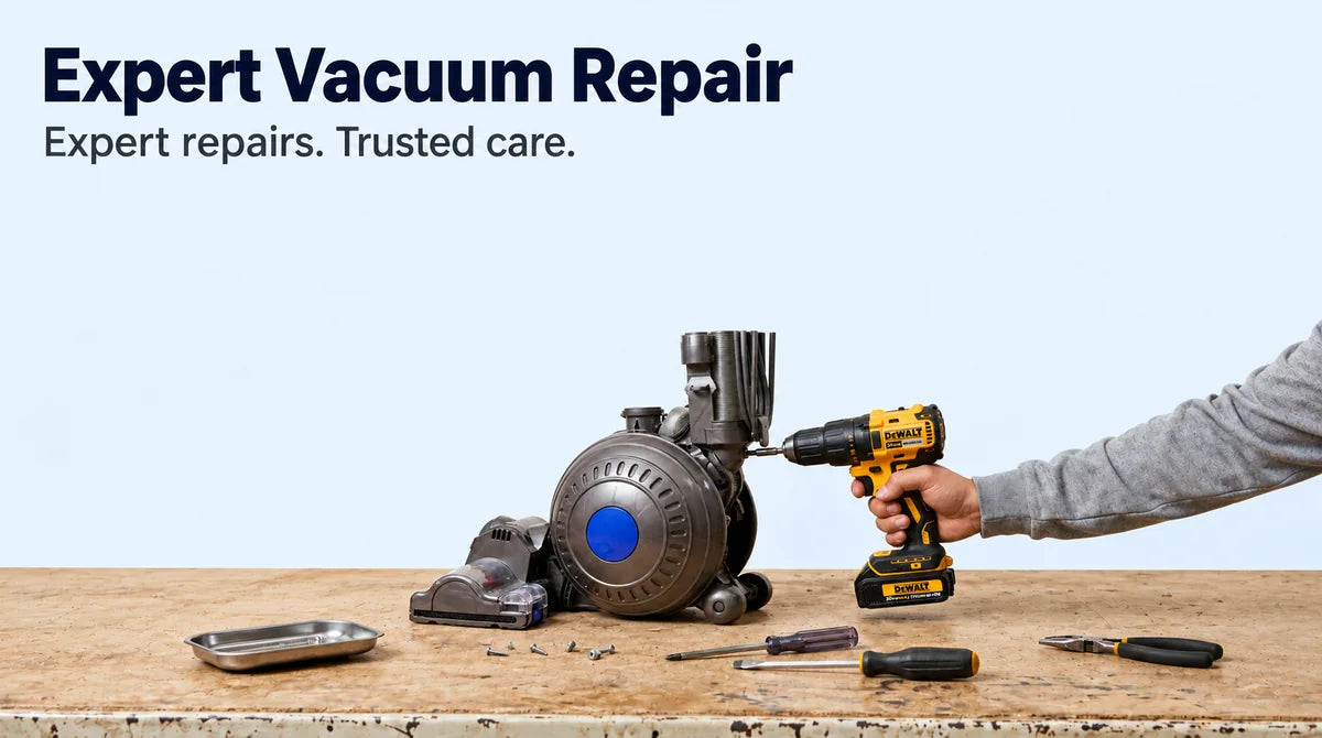 Expert vacuum repair with a technician using a cordless drill to service an upright vacuum on a workbench at AceVacuums