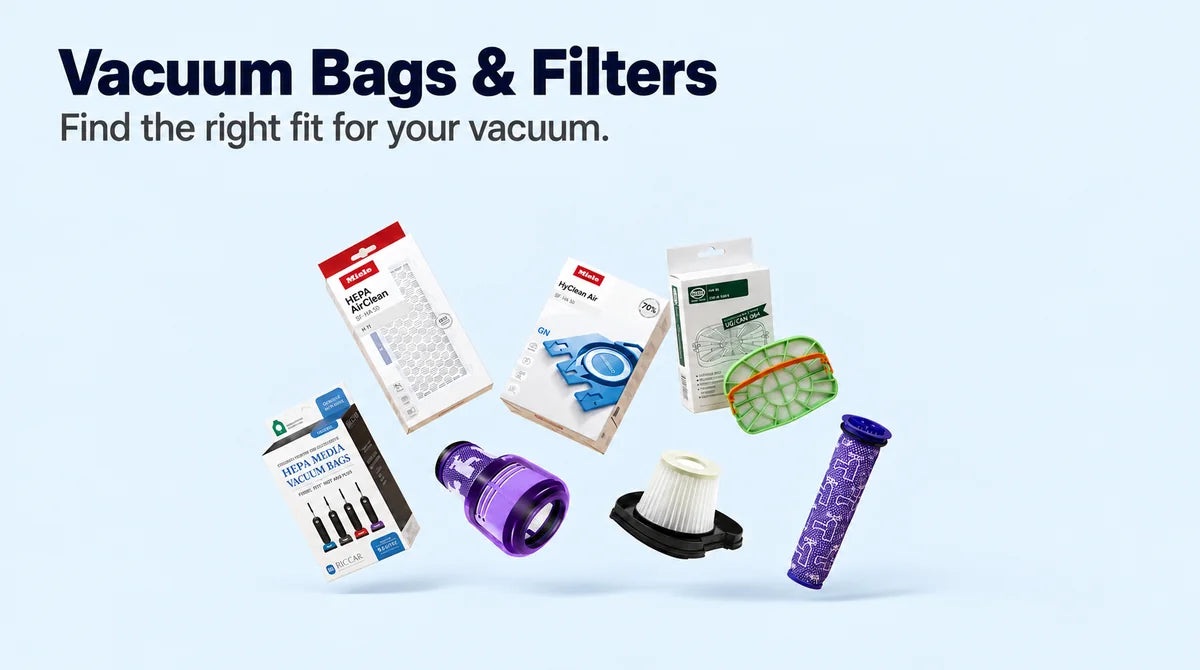 Vacuum bags and replacement filters, including Miele HEPA AirClean filters and HyClean bags, at AceVacuums
