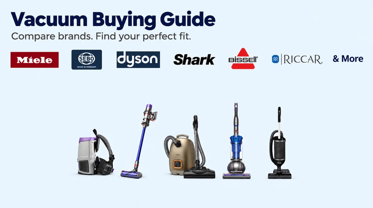 Vacuum buying guide comparing leading brands and canister, upright, cordless and backpack vacuum styles at AceVacuums